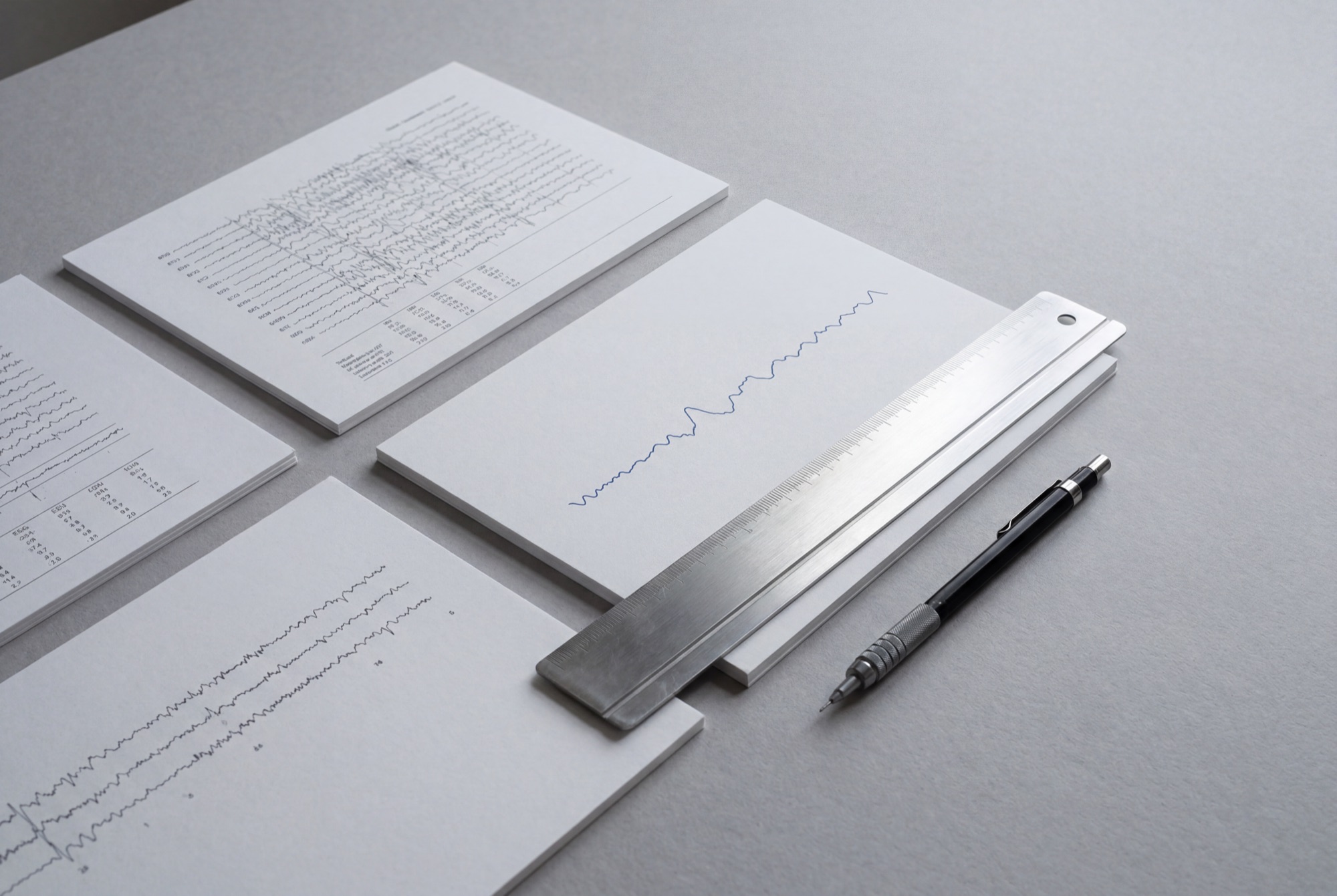 A precision still life of printed EEG traces beside a steel ruler