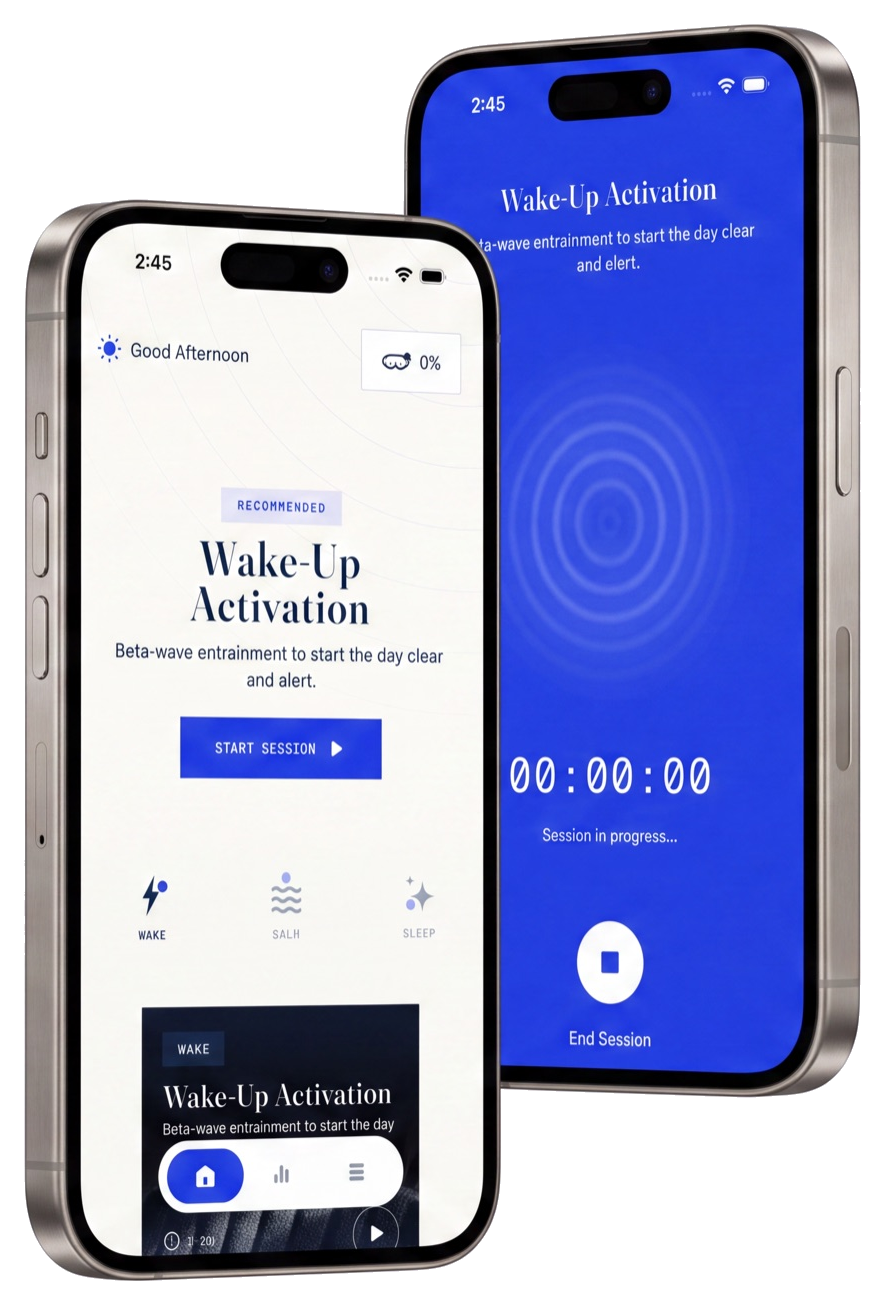 Two iPhones showing the Domayn app – the light home screen with a recommended session, and the cobalt in-session screen with its timer