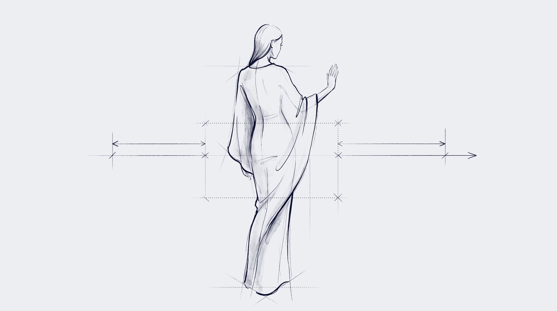 Pencil figure study of a woman in a draped garment seen from behind, one hand raised, marked with measurement arrows