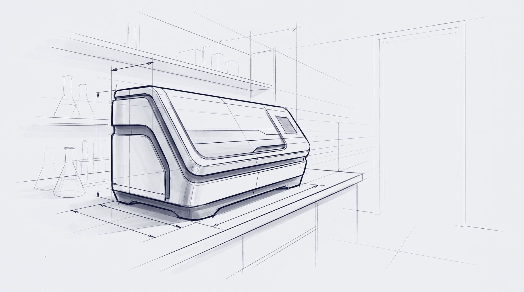 Pencil sketch of a clinical entrainment machine on a laboratory bench, drawn with dimension lines and perspective guides