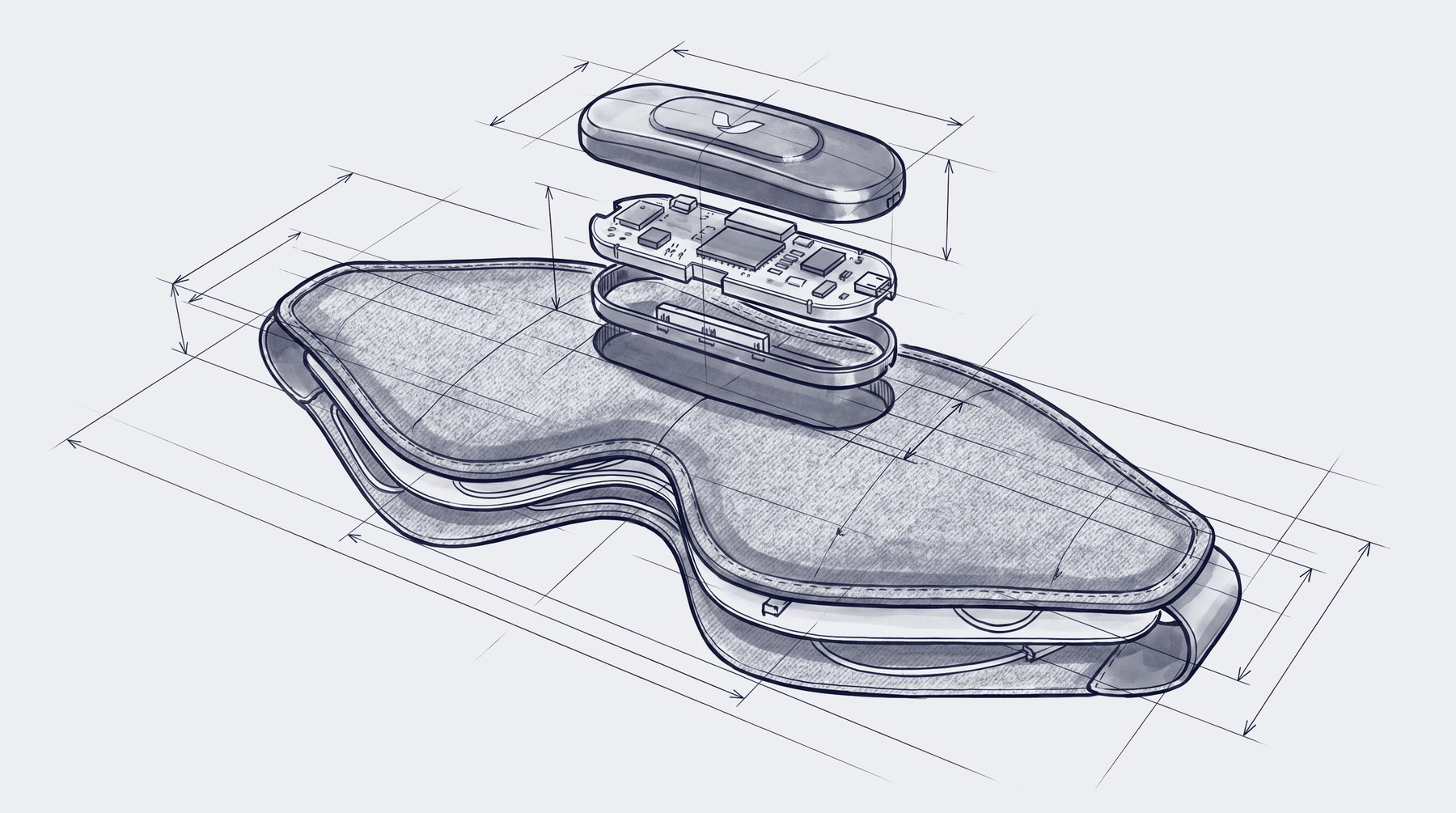 Exploded technical sketch of the Mask: knit band, inner frame, circuit board, and pod module, with dimension lines