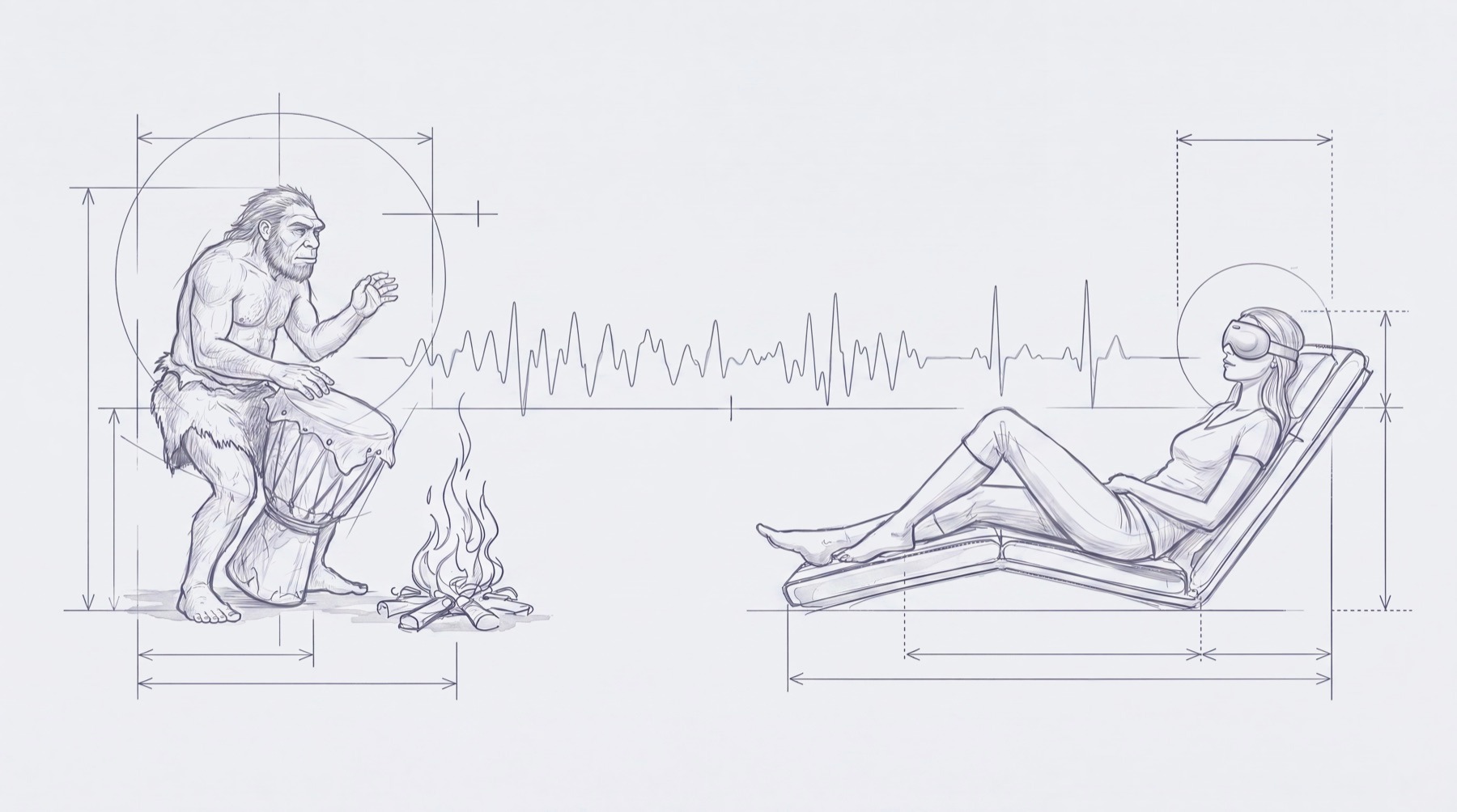 Pencil sketch of a drummer beside a fire, a single waveform running across to a reclining woman wearing the Mask and headphones