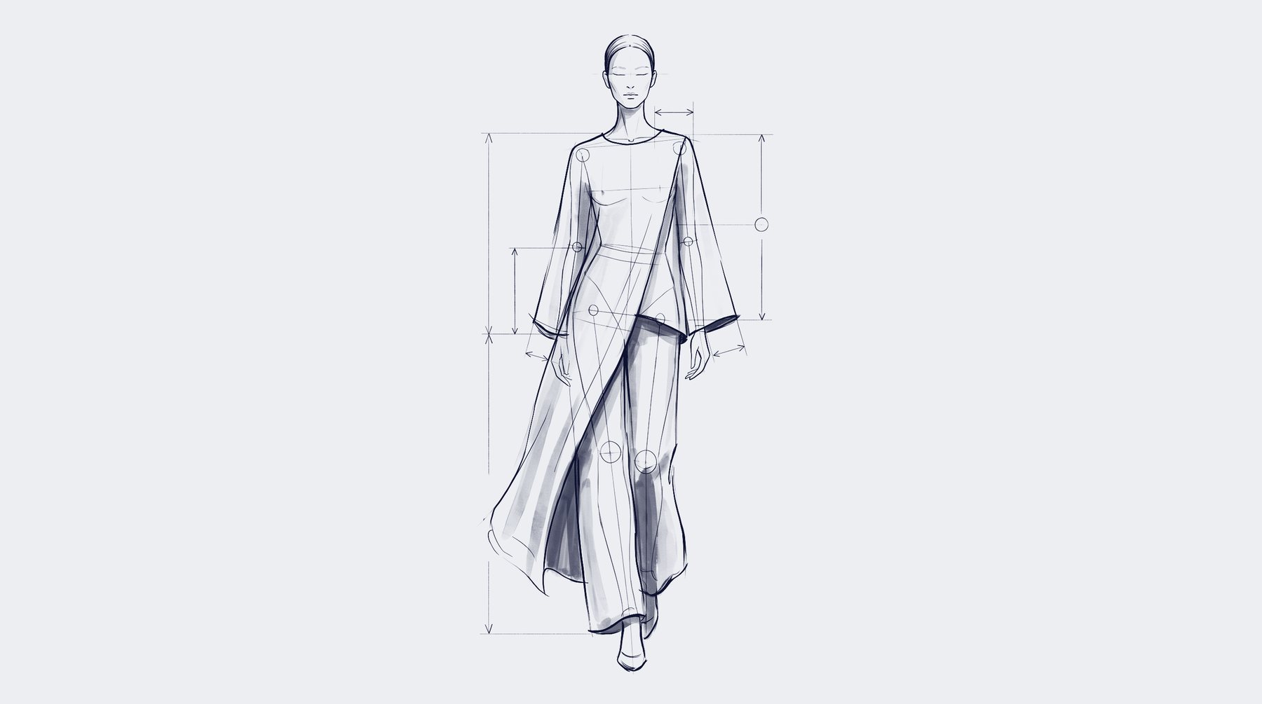 Pencil fashion study of a figure walking forward in a long draped garment, marked with proportion lines
