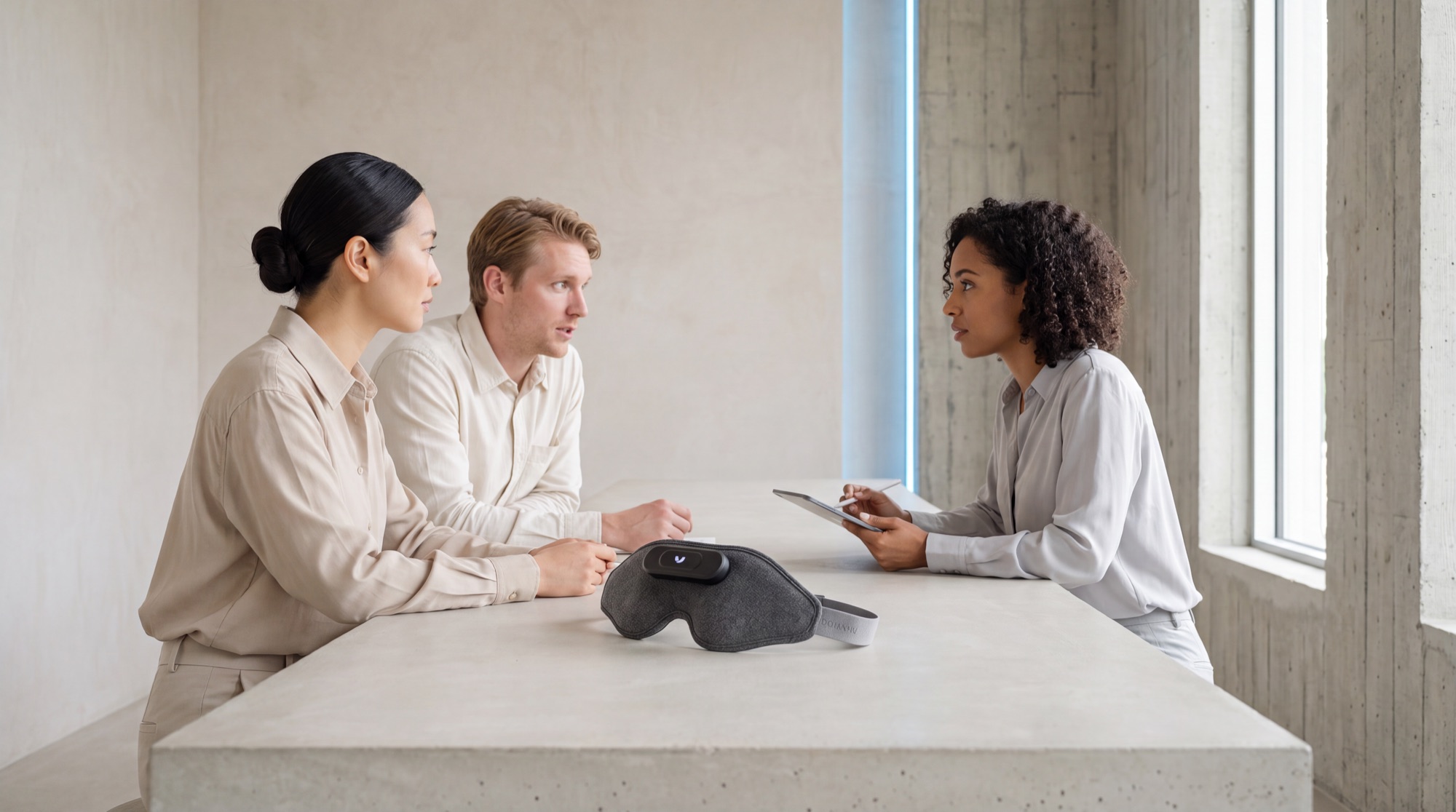 Three researchers in conversation across a pale concrete table, the Mask resting between them