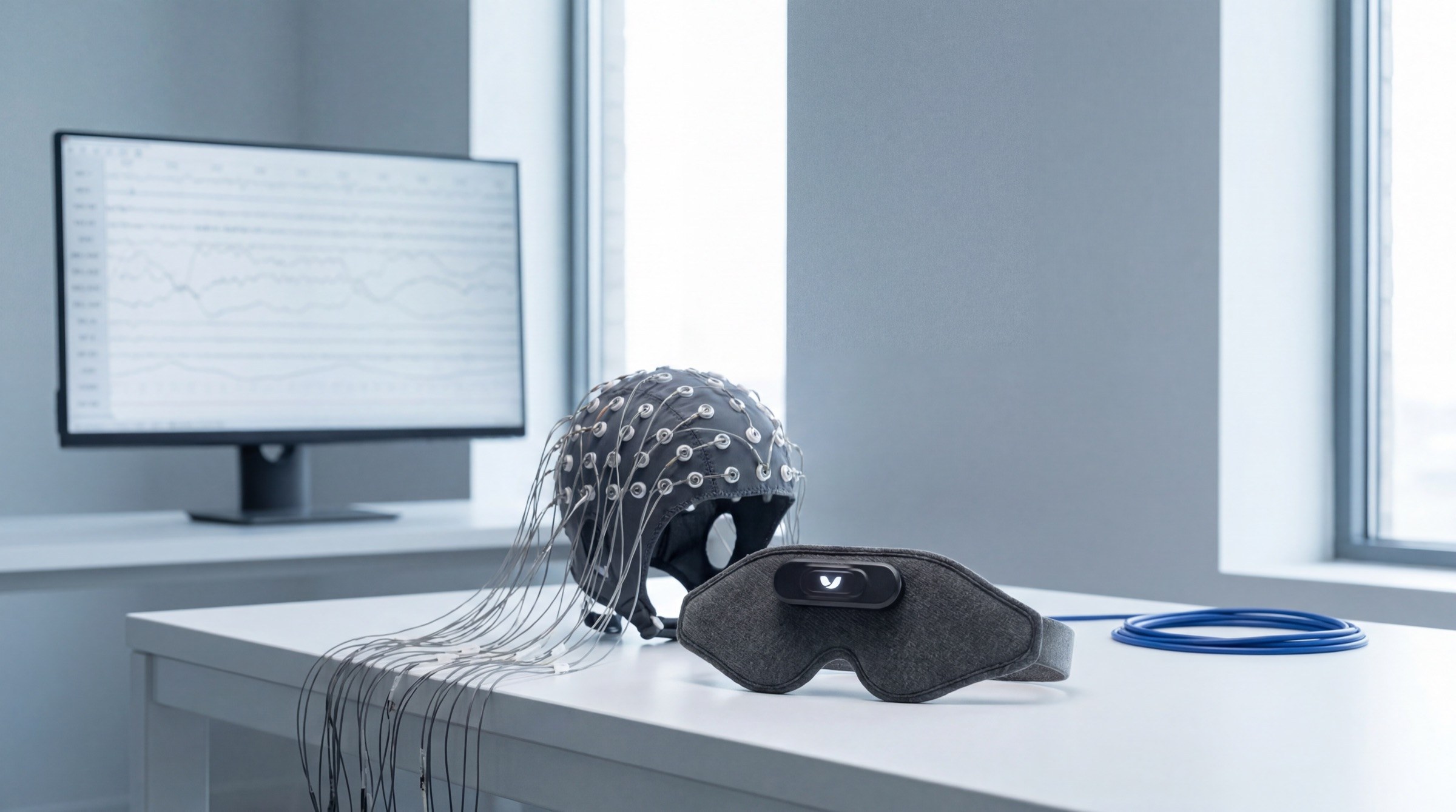 An EEG cap and the Mask laid out side by side on a white laboratory bench